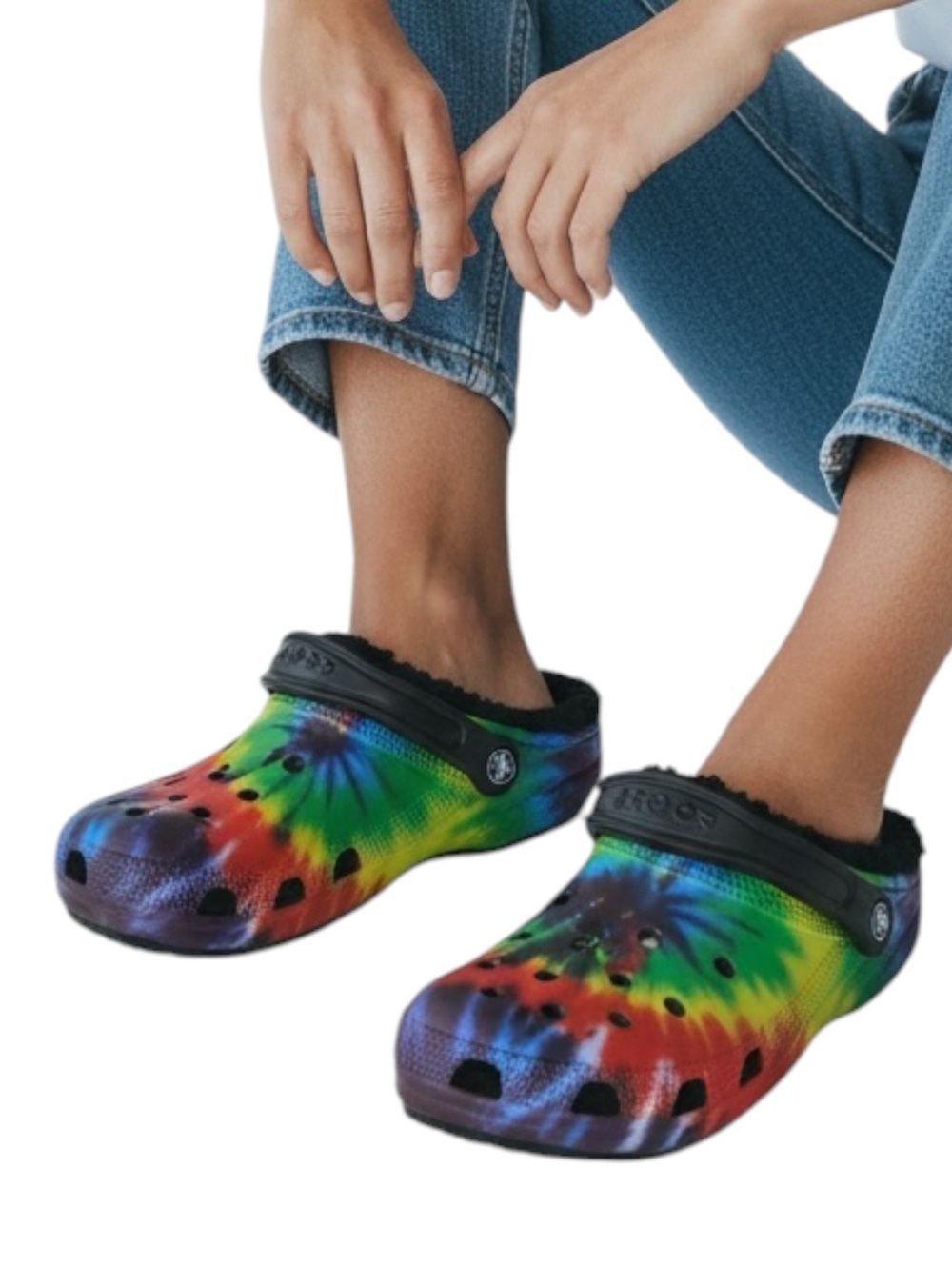 CROCS Rainbow Tie-Dye Faux Fur Lined Unisex Size 7L / 5M